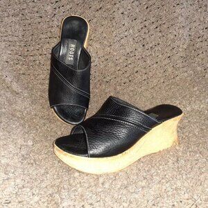 ROOTS Canada-Black Tribe Leather Slides-Cork Wedge Sandals-Mules-Sz 37-Excellent